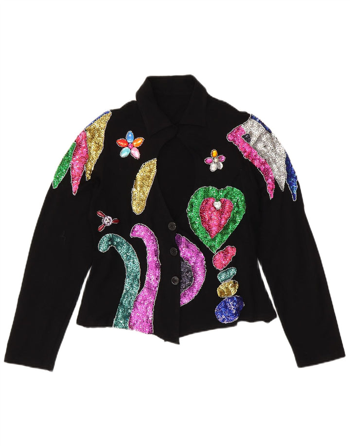 VINTAGE Womens Crop Shirt Blouse UK 12 Medium Black Floral Spandex