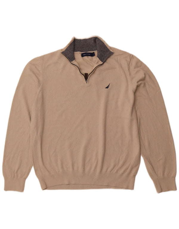 NAUTICA Mens Zip Neck Jumper Sweater Large Beige Cotton