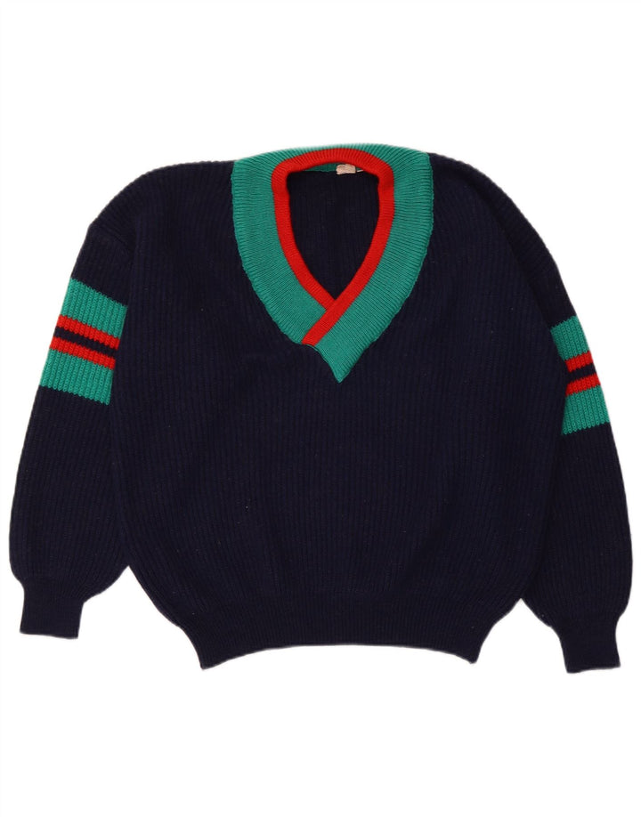 VINTAGE Womens Crop V-Neck Jumper Sweater IT 48/50 XL Navy Blue Striped