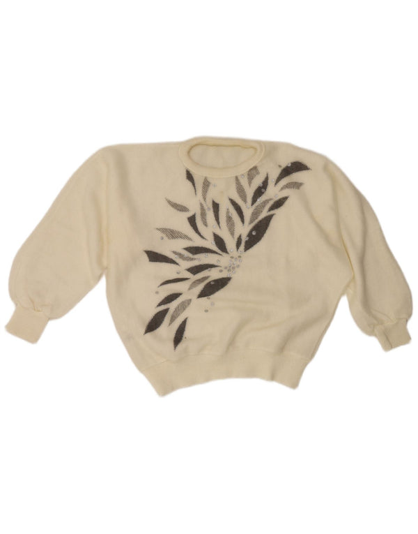 Vintage Womens Crew Neck Jumper Sweater UK 10 Small White Geometric Retro