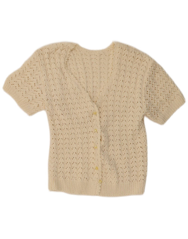 VINTAGE Womens Short Sleeve Crochet Cardigan Sweater UK 10 Small Beige