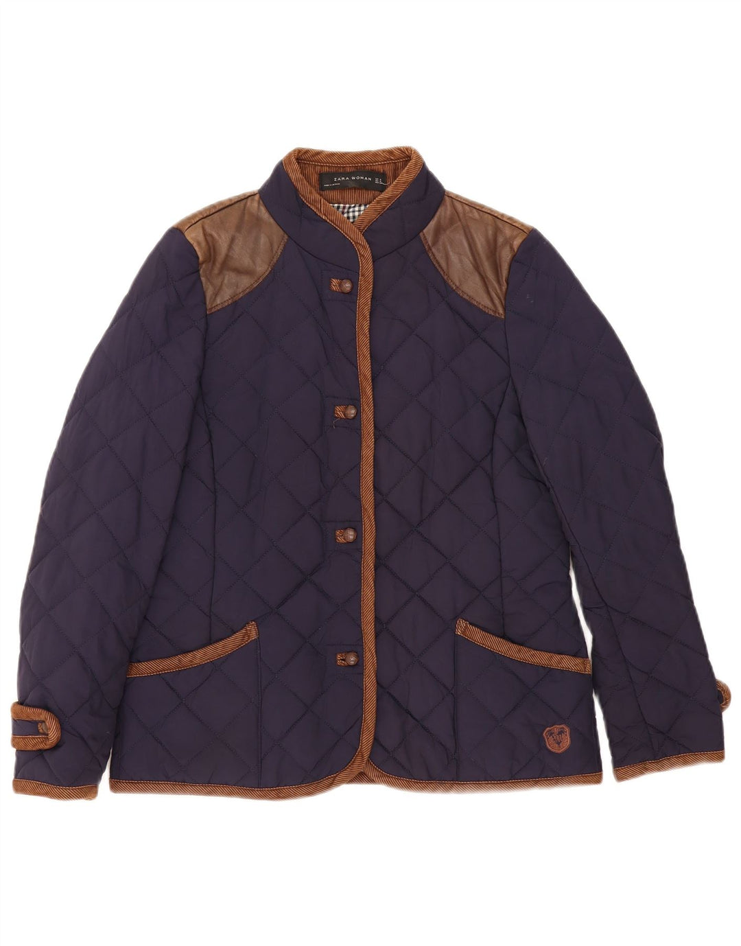 Zara Womens Quilted Jacket UK 14 Medium Navy Blue Colourblock Cotton