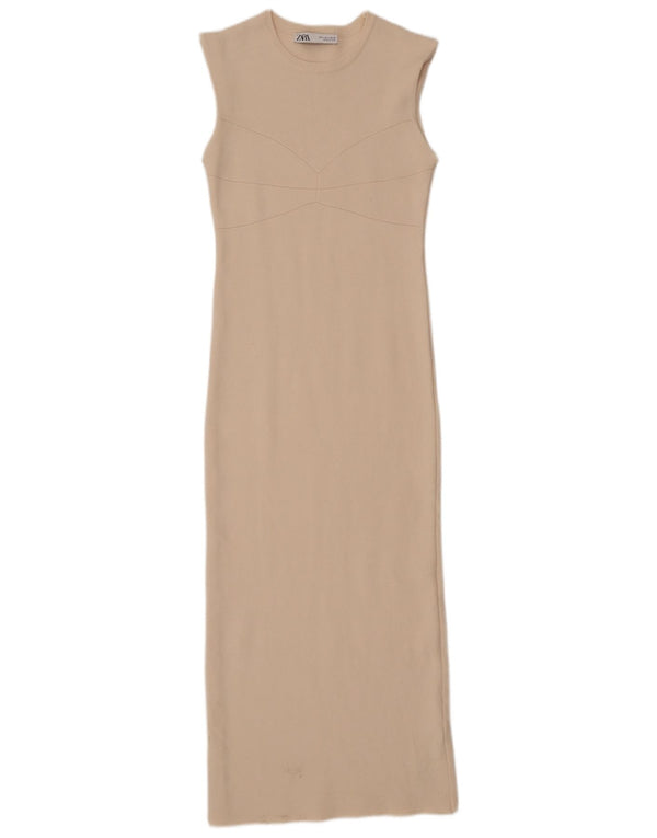 Zara Womens Maxi Sleeveless Bodycon Dress UK 10 Small Beige Viscose