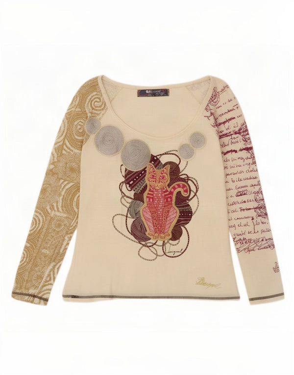 Desigual Womens Graphic Top Long Sleeve UK 18 XL Beige Geometric Cotton