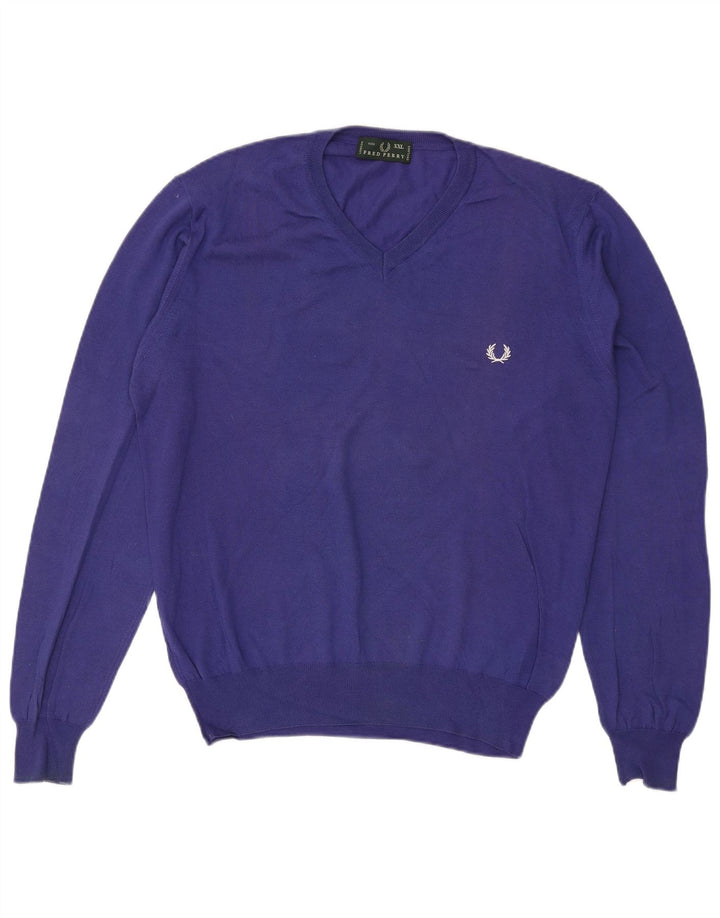 Fred Perry Mens V-Neck Jumper Sweater 2XL Purple Cotton