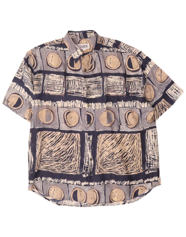 LAURENT Mens Short Sleeve Shirt Large Navy Blue Geometric Silk