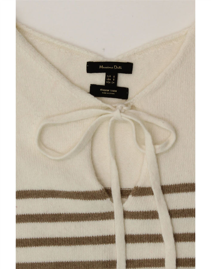MASSIMO DUTTI Womens Crop V-Neck Jumper Sweater UK 10 Small White Striped