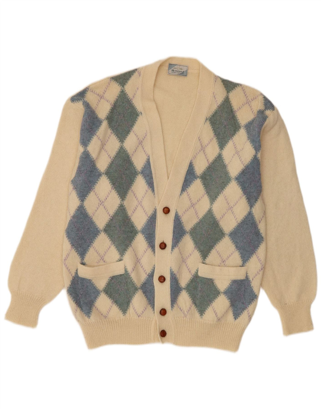 Hemmond Mens Cardigan Sweater Large Beige Argyle/Diamond Virgin Wool