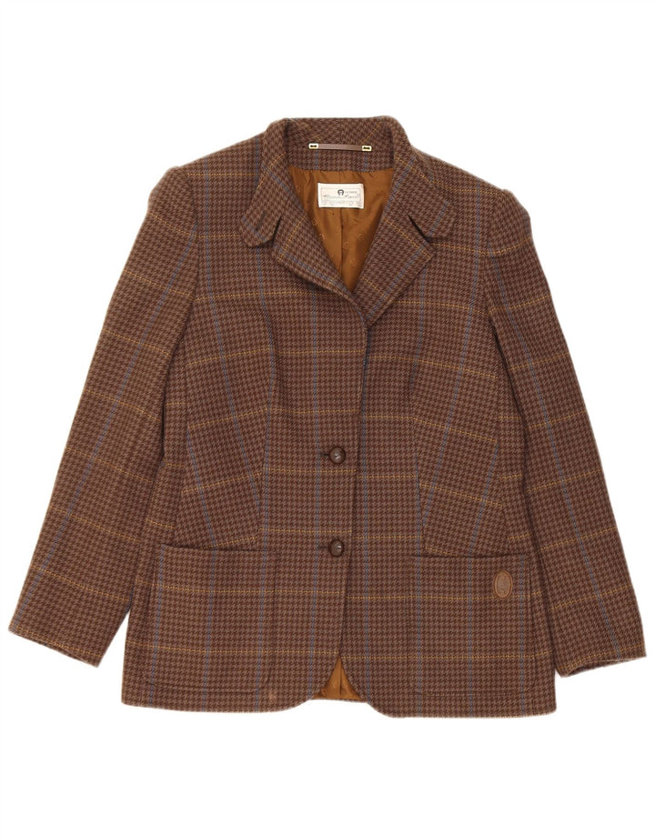 Vintage Womens 2 Button Blazer Jacket UK 10 Small Brown Check Wool