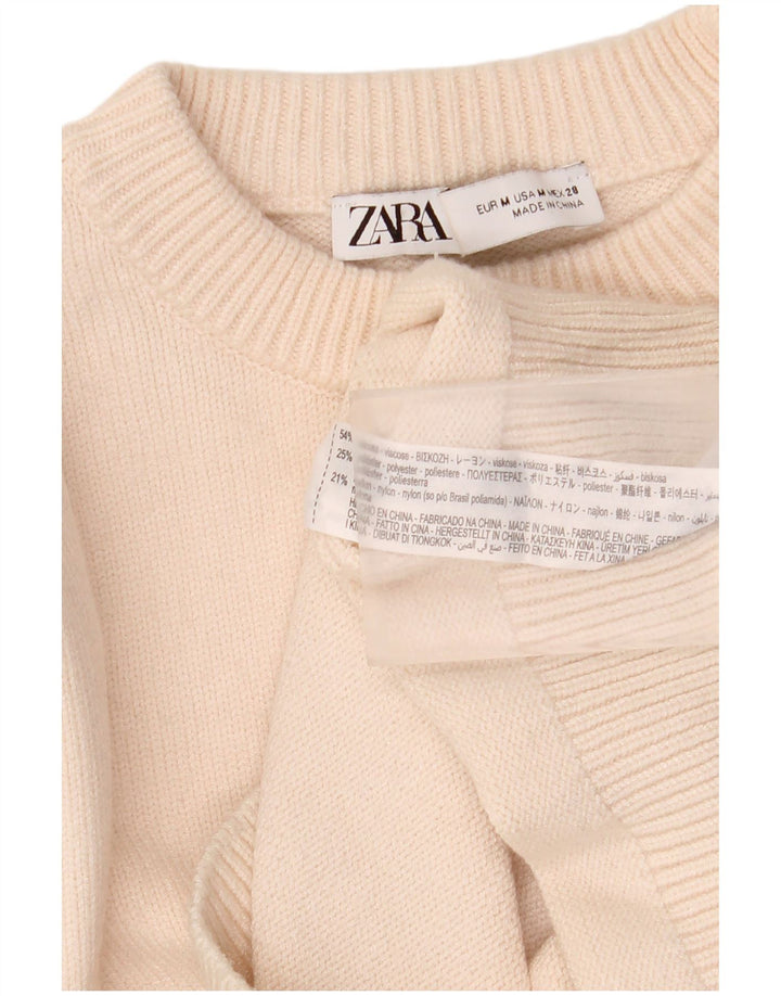 Zara Womens Crop Crew Neck Jumper Sweater UK 12 Medium Off White Viscose