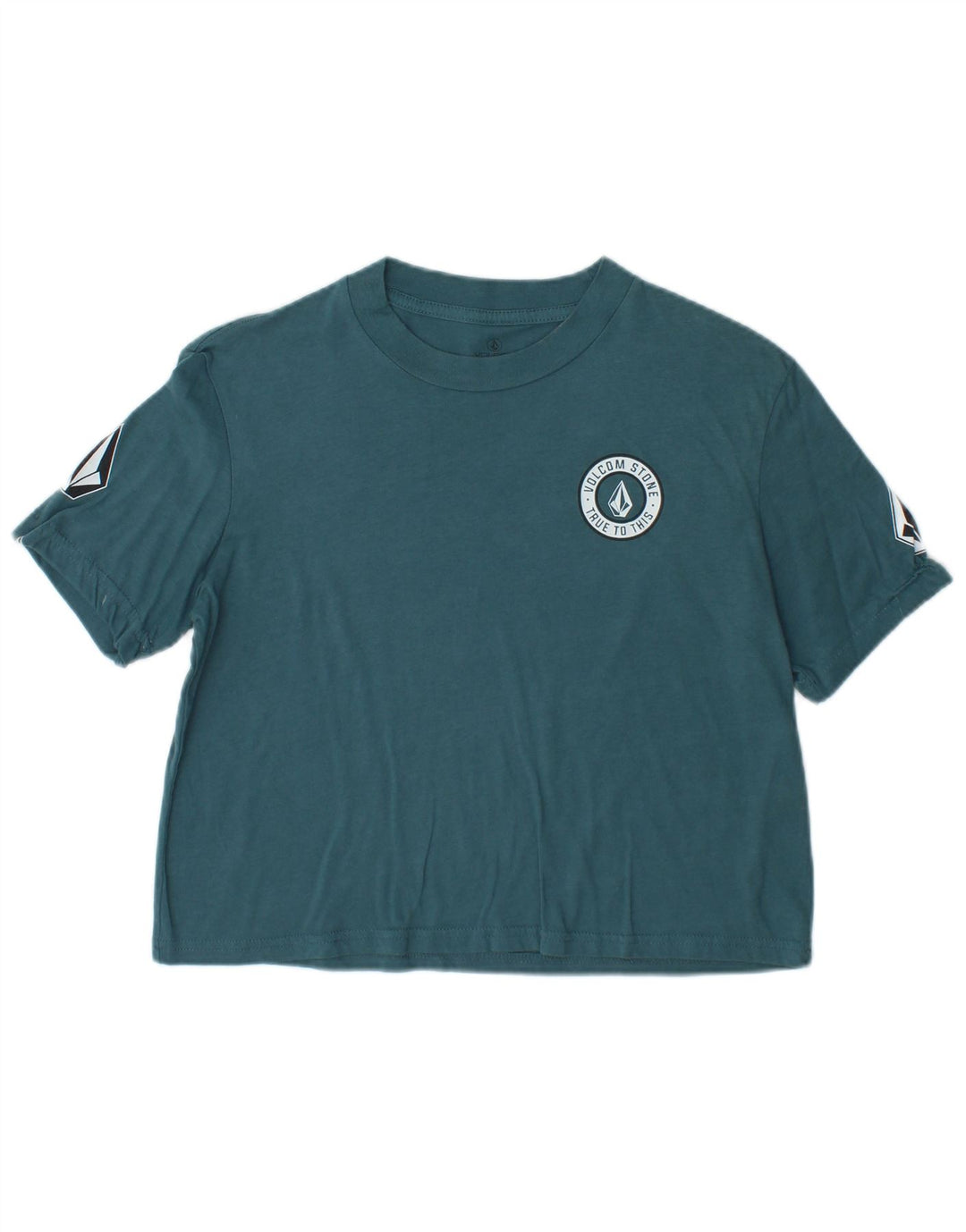 Volcom Womens Loose Fit Crop Graphic T-Shirt Top Size 4/6 Small Blue