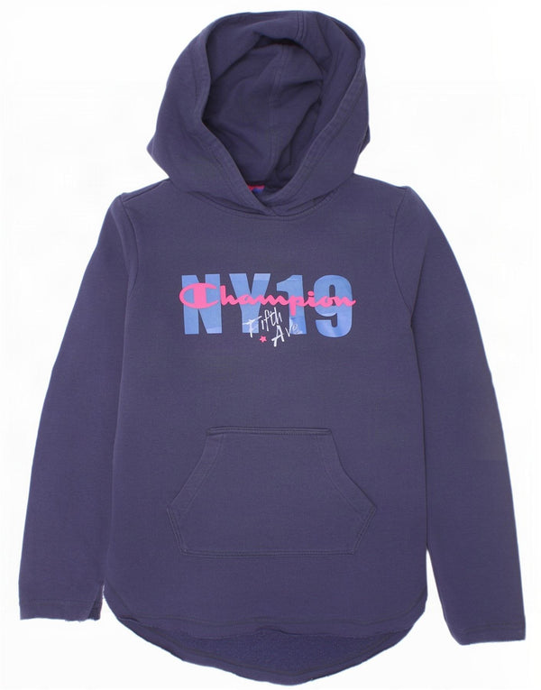Champion Girls Graphic Hoodie Jumper 11-12 Years Large Navy Blue Cotton