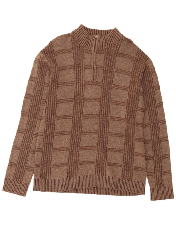Douglas Mens Zip Neck Jumper Sweater Large Brown Geometric