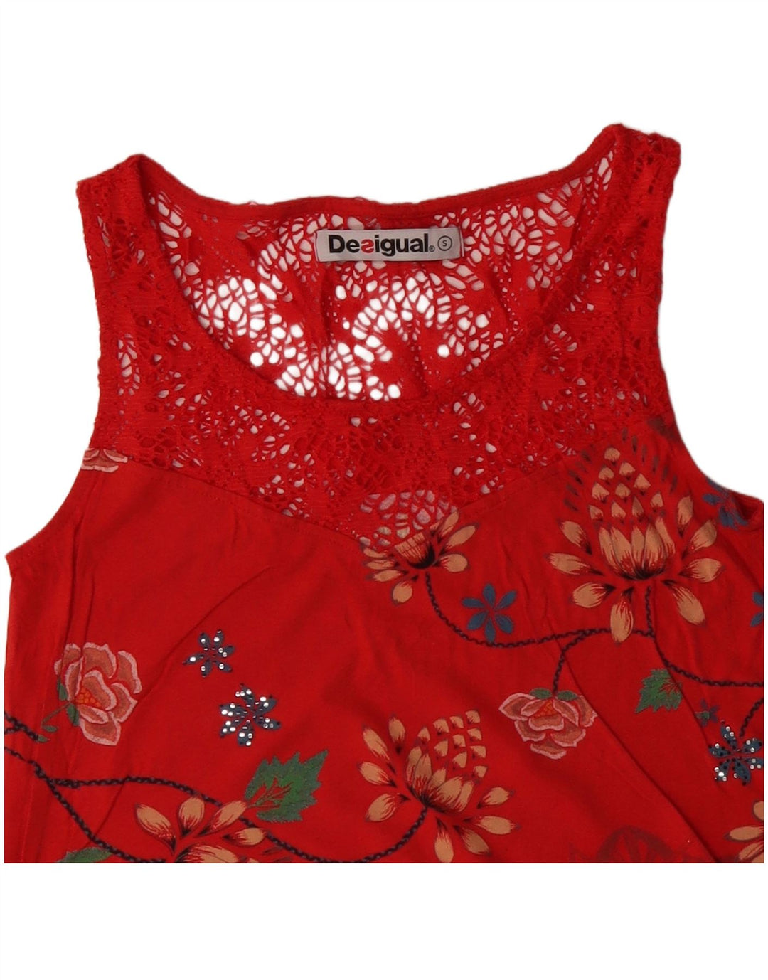 DESIGUAL Womens Sleeveless Blouse Top UK 10 Small Red Floral Cotton