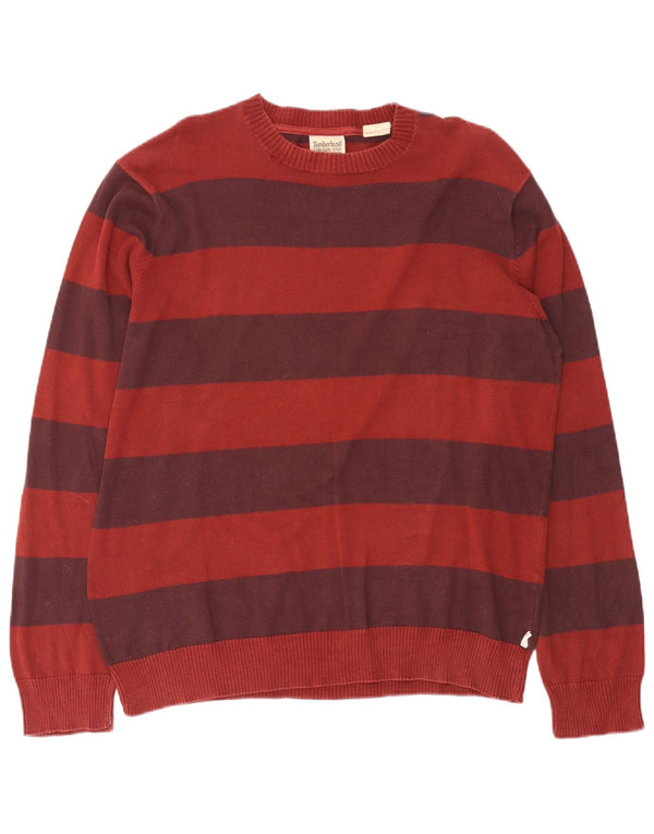 Timberland Mens Crew Neck Jumper Sweater Large Burgundy Striped Cotton