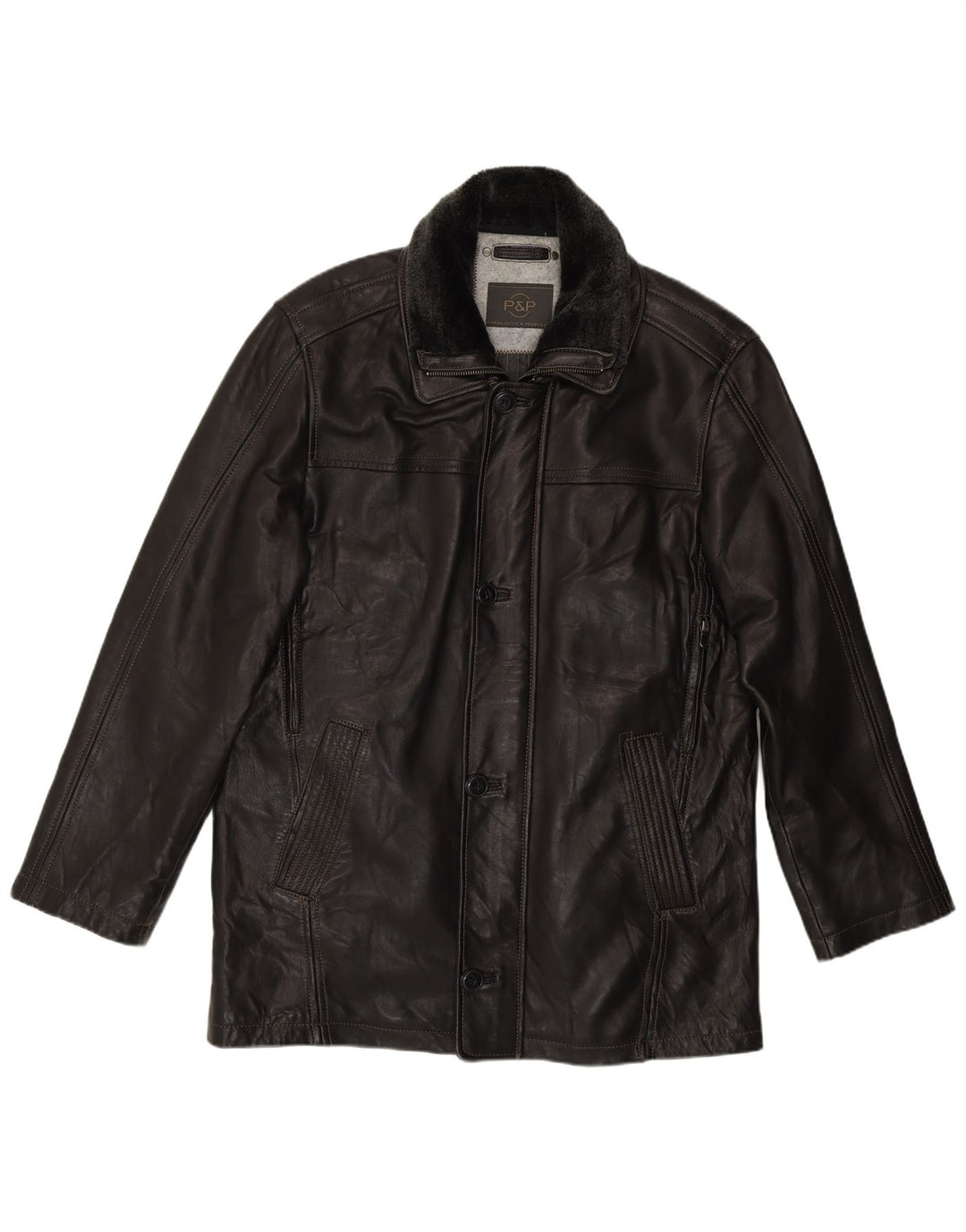 P&P People Mens Leather Jacket IT 48 Medium Black Leather