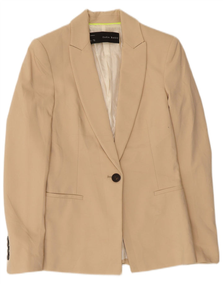 Zara Womens 1 Button Blazer Jacket UK 6 XS Beige Polyester
