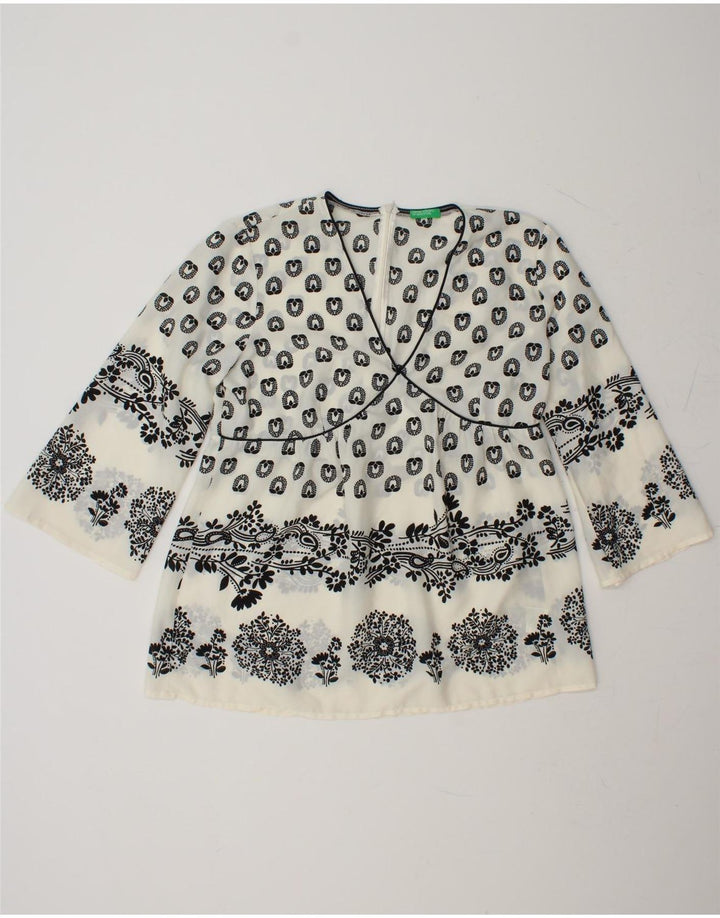 BENETTON Womens 3/4 Sleeve Blouse Top UK 14 Medium White Floral Polyester Vintage Benetton and Second-Hand Benetton from Messina Hembry 