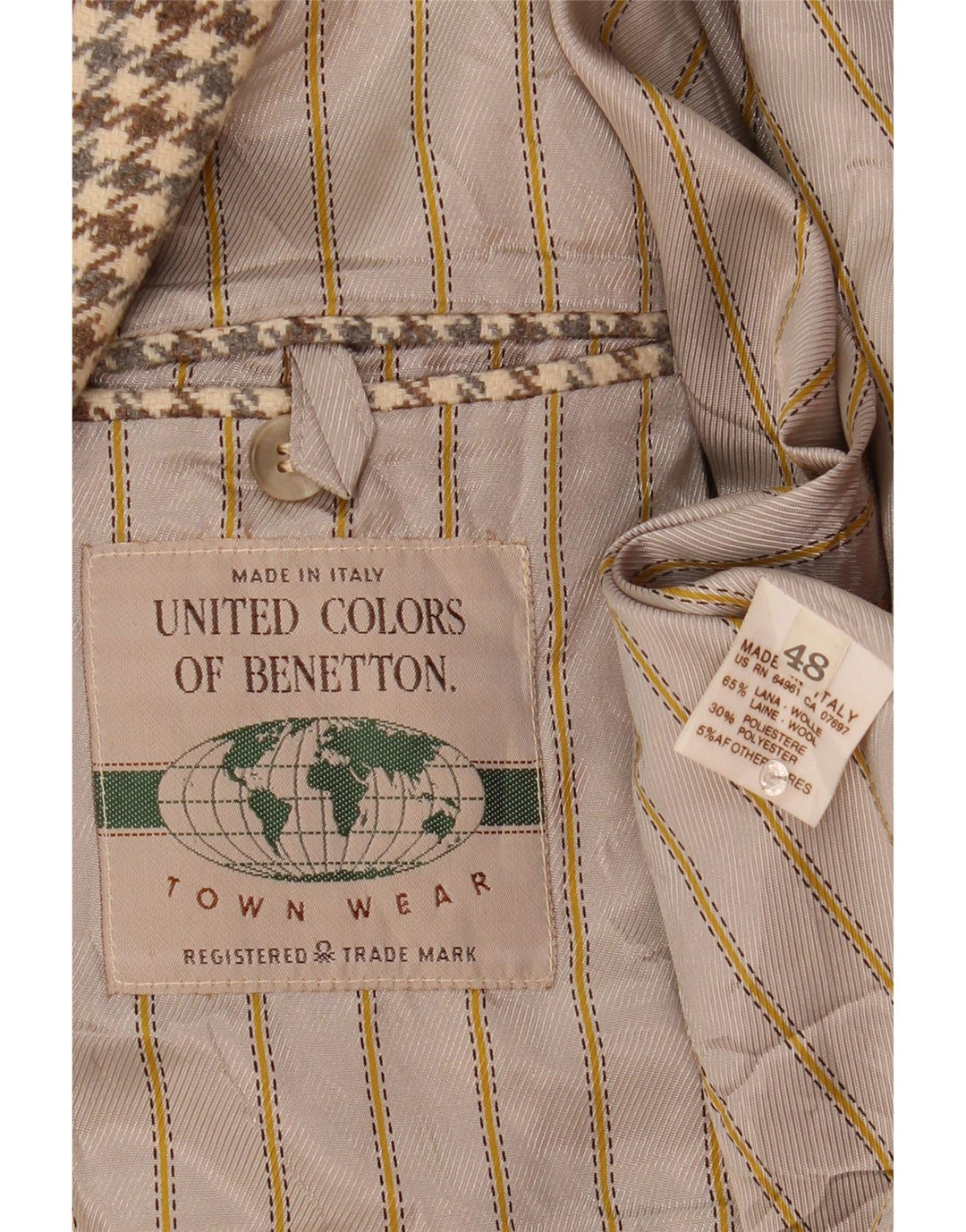 Benetton Mens 2 Button Blazer Jacket IT 48 Medium Beige Houndstooth Wool