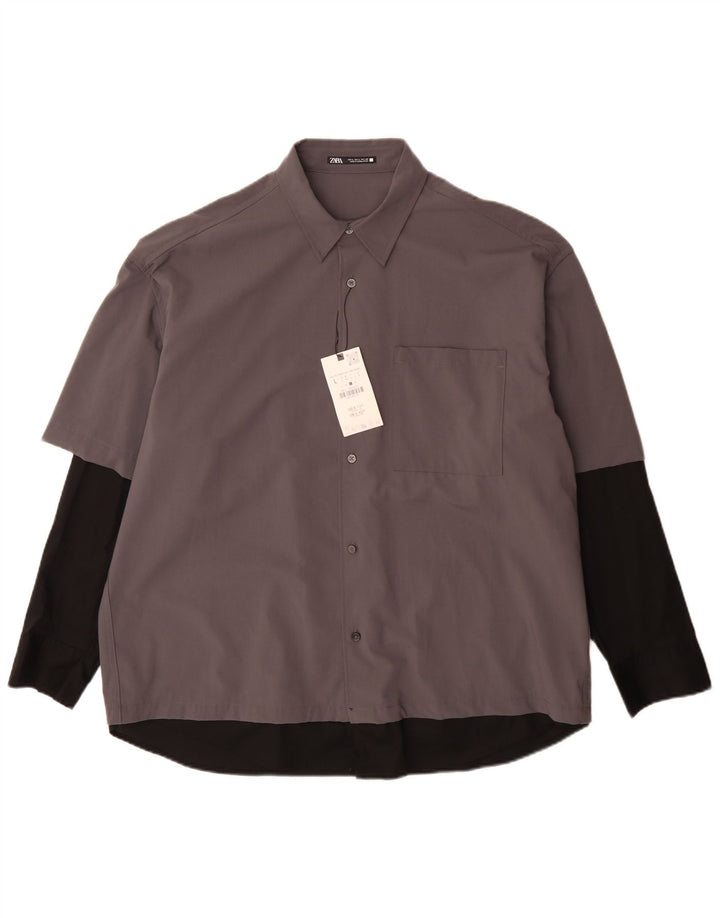 Zara Mens Shirt Large Grey Colourblock Polyester