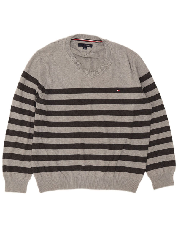 Tommy Hilfiger Mens V-Neck Jumper Sweater Medium Grey Striped Cotton