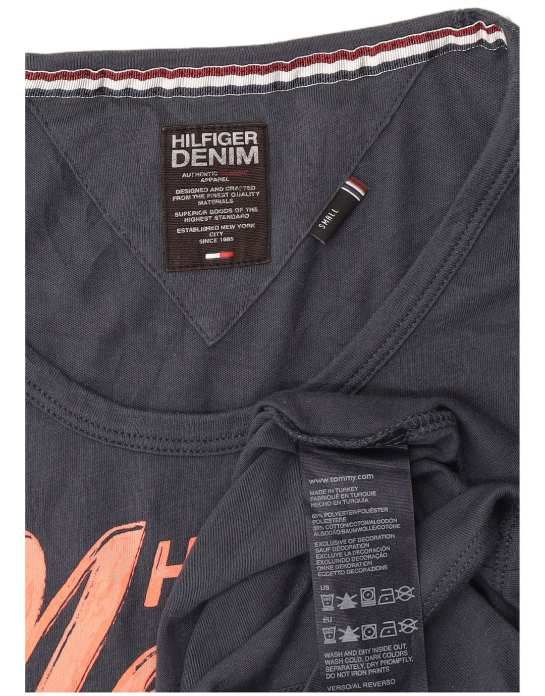 TOMMY HILFIGER Womens Graphic T-Shirt Top UK 10 Small Navy Blue Polyester Vintage Tommy Hilfiger and Second-Hand Tommy Hilfiger from Messina Hembry 