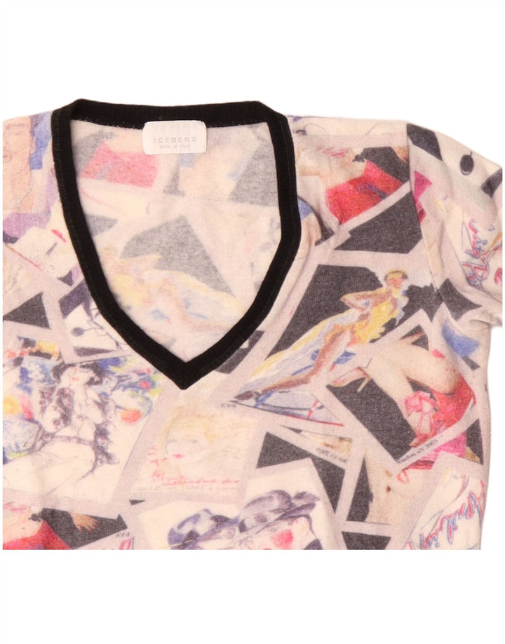 Iceberg Womens Crop V-Neck Jumper Sweater IT 46 Large Off White Colourblock