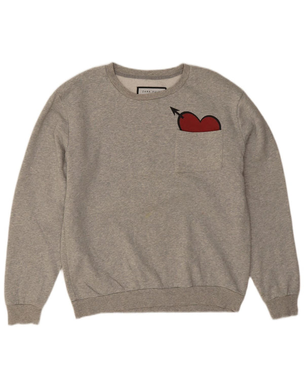 Zara Mens Sweatshirt Jumper Large Grey Flecked Heart