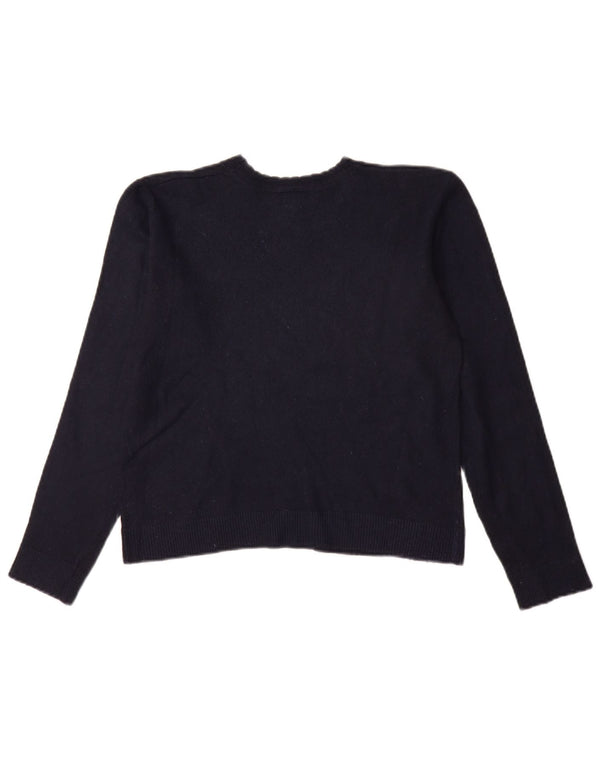 Lacoste Womens Crop Crew Neck Jumper Sweater UK 12 Medium Navy Blue Wool
