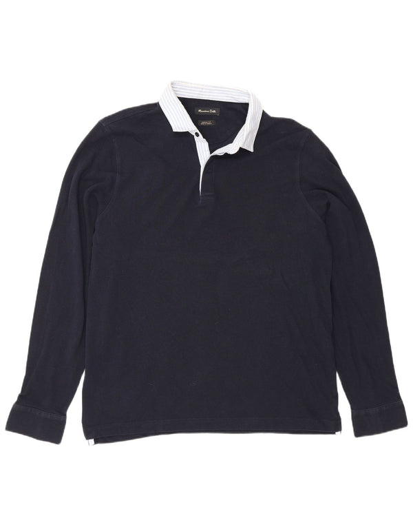 Massimo Dutti Mens Long Sleeve Casual Fit Rugby Polo Shirt Large Navy Blue
