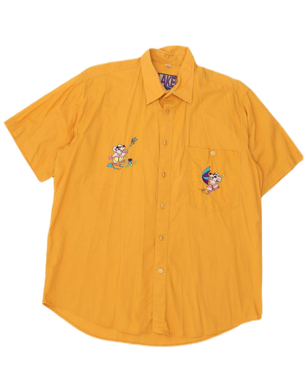 Vintage Mens Graphic Short Sleeve Shirt UK 39/40 Medium Yellow Cotton