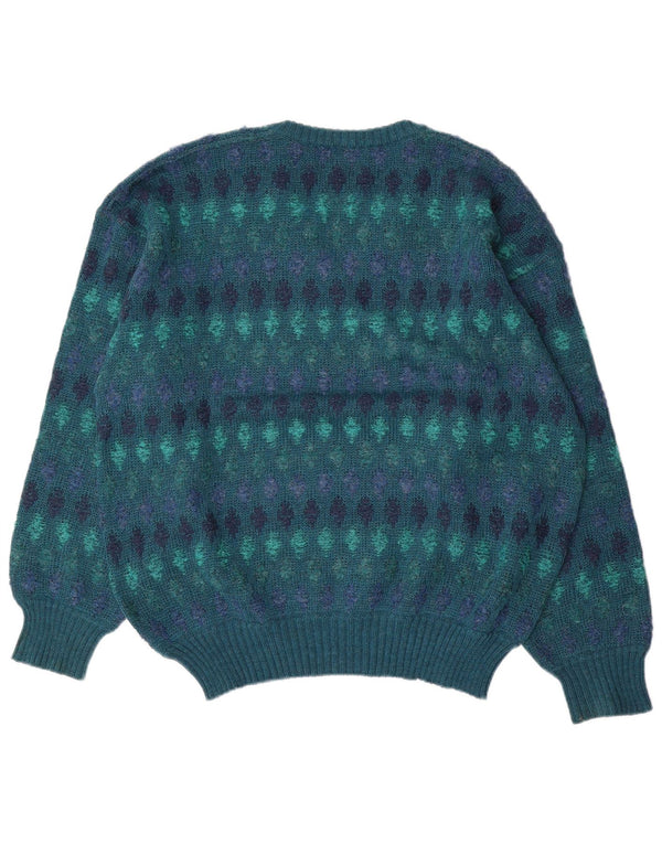 Vintage Mens V-Neck Jumper Sweater IT 54 XL Blue Fair Isle Wool