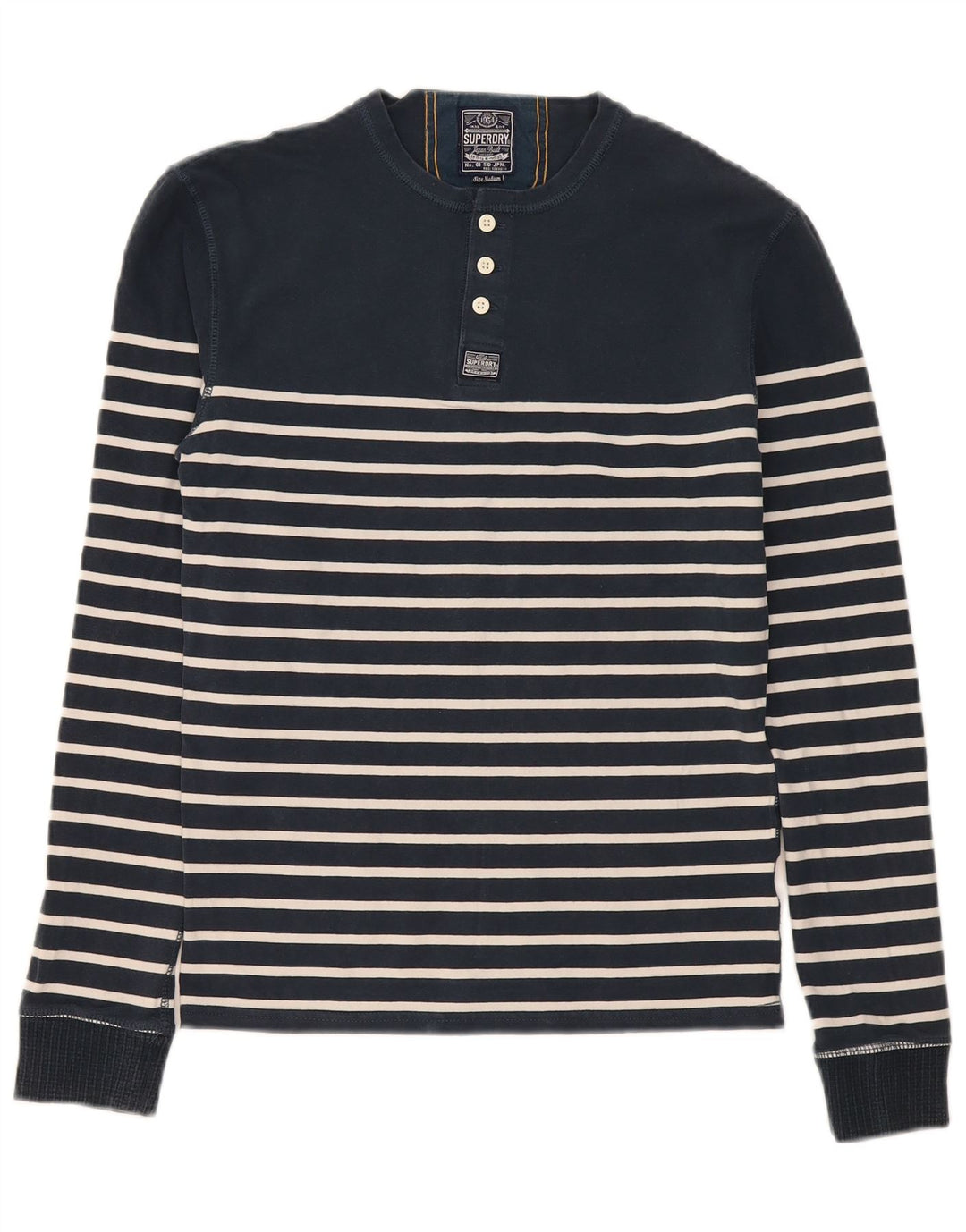 Superdry Mens Regular Top Long Sleeve Medium Navy Blue Striped Cotton