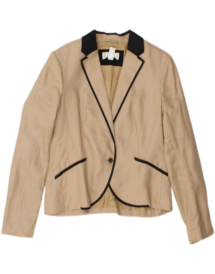 MANGO Womens 1 Button Blazer Jacket EU 42 Large Beige Colourblock Linen
