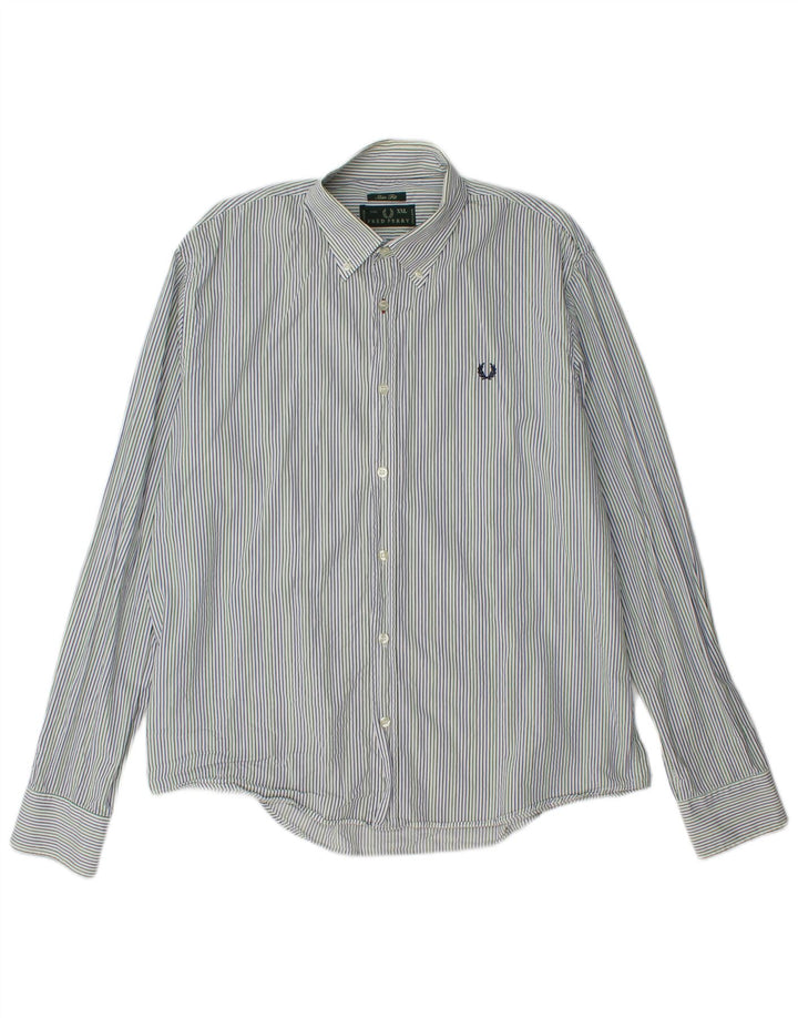 FRED PERRY Mens Slim Fit Shirt 2XL Blue Pinstripe Cotton