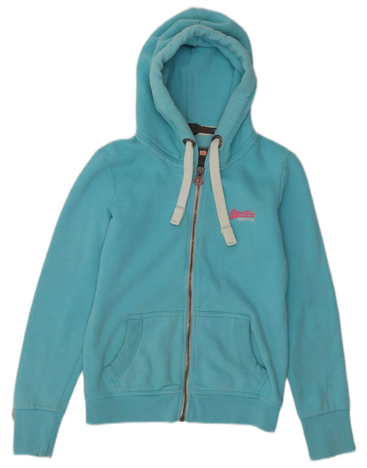 SUPERDRY Womens Zip Hoodie Sweater UK 10 Small Blue Cotton