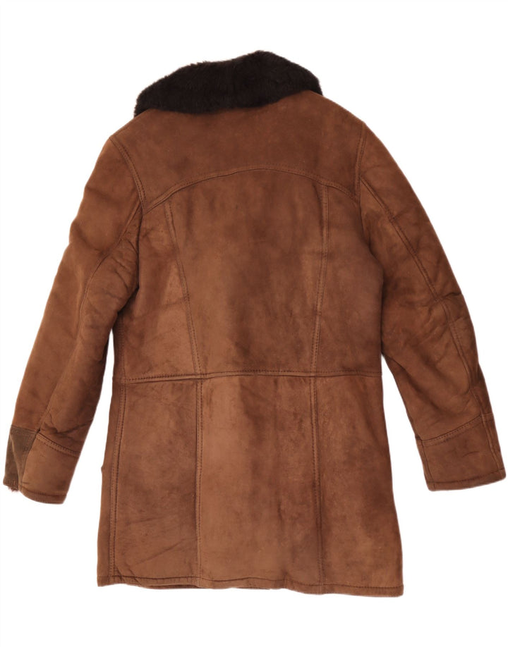 Vintage Mens Shearling Overcoat UK 38 Medium Brown Colourblock Leather