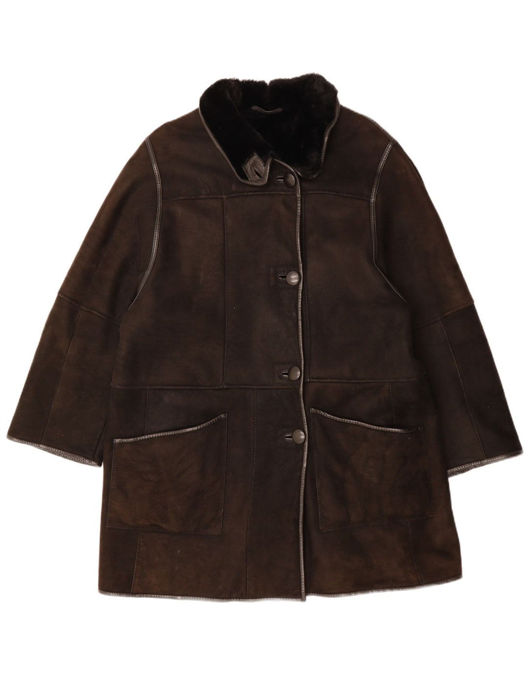 VINTAGE Womens Shearling Coat UK 14 Large Brown Leather