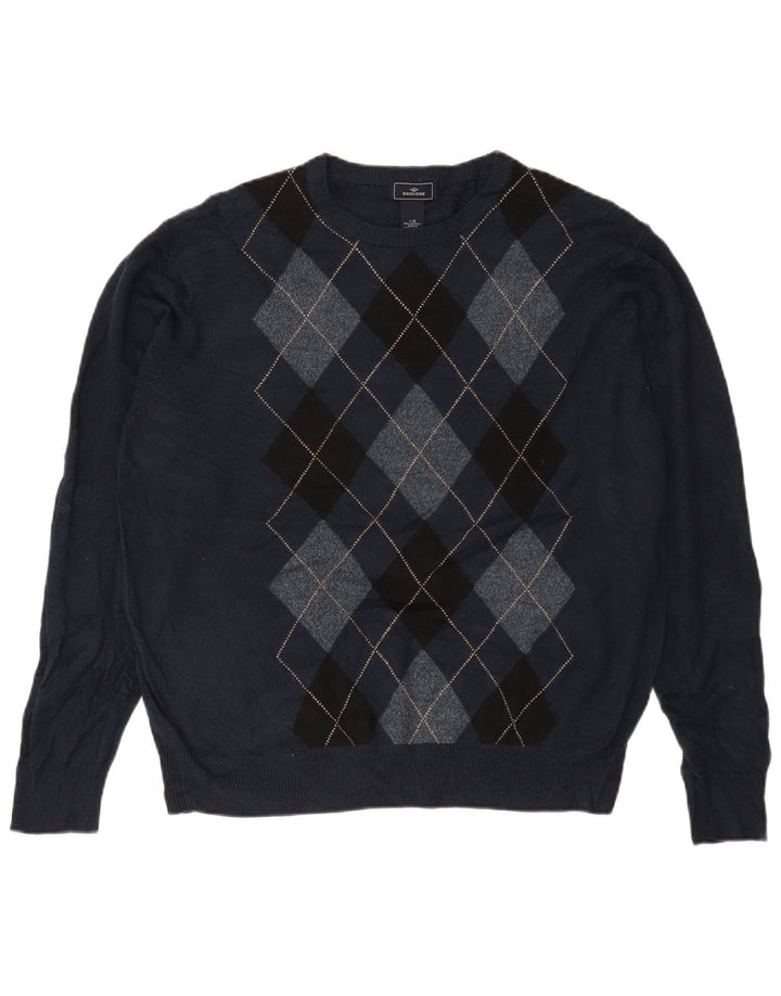 DOCKERS Mens Crew Neck Jumper Sweater Large Navy Blue Argyle/Diamond