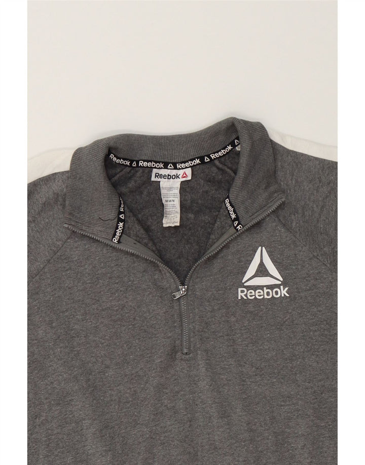 REEBOK Womens Zip Neck Sweatshirt Jumper UK 14 Medium Grey Colourblock Vintage Reebok and Second-Hand Reebok from Messina Hembry 