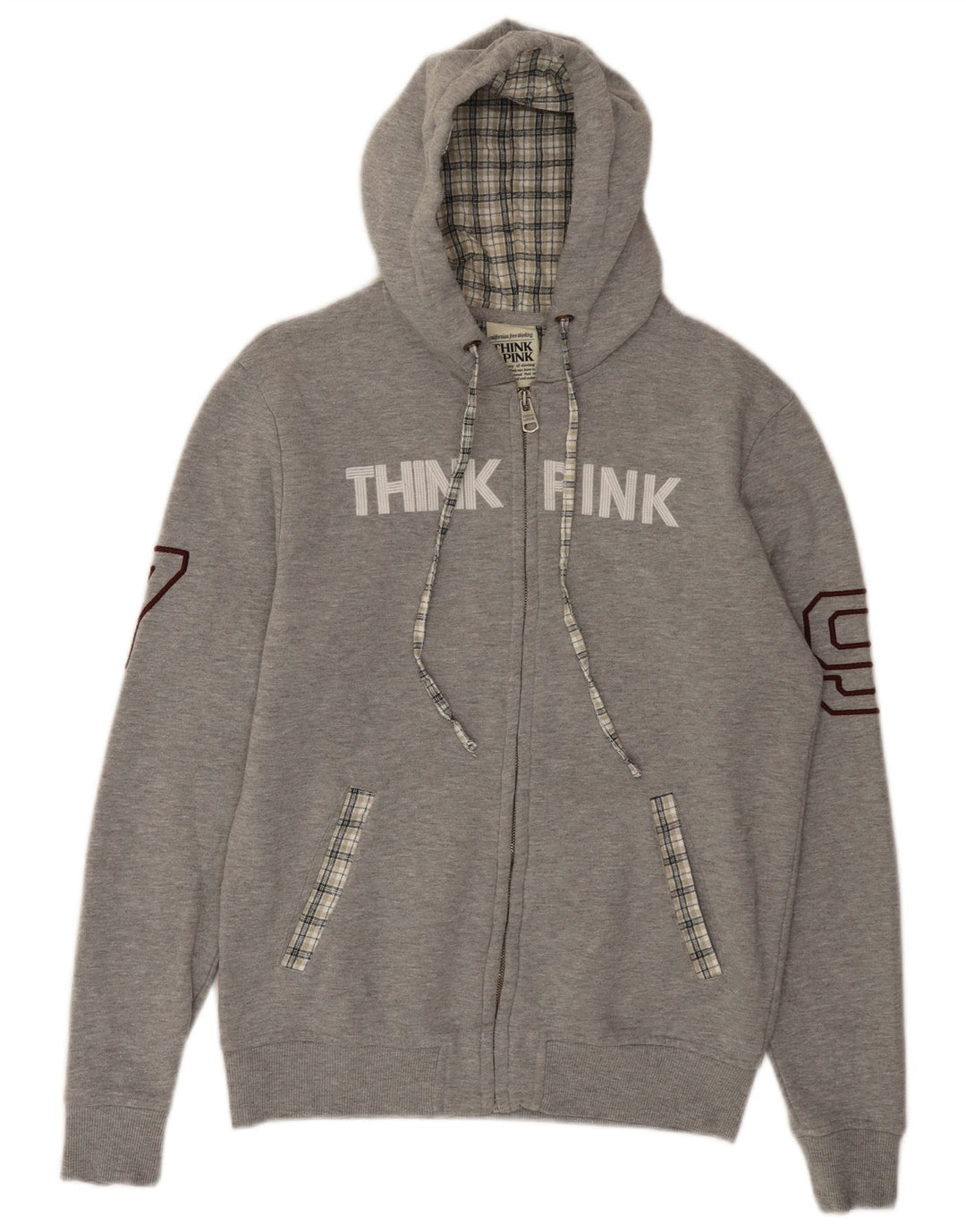 Think Pink Womens Graphic Zip Hoodie Sweater UK 14 Medium Grey Flecked