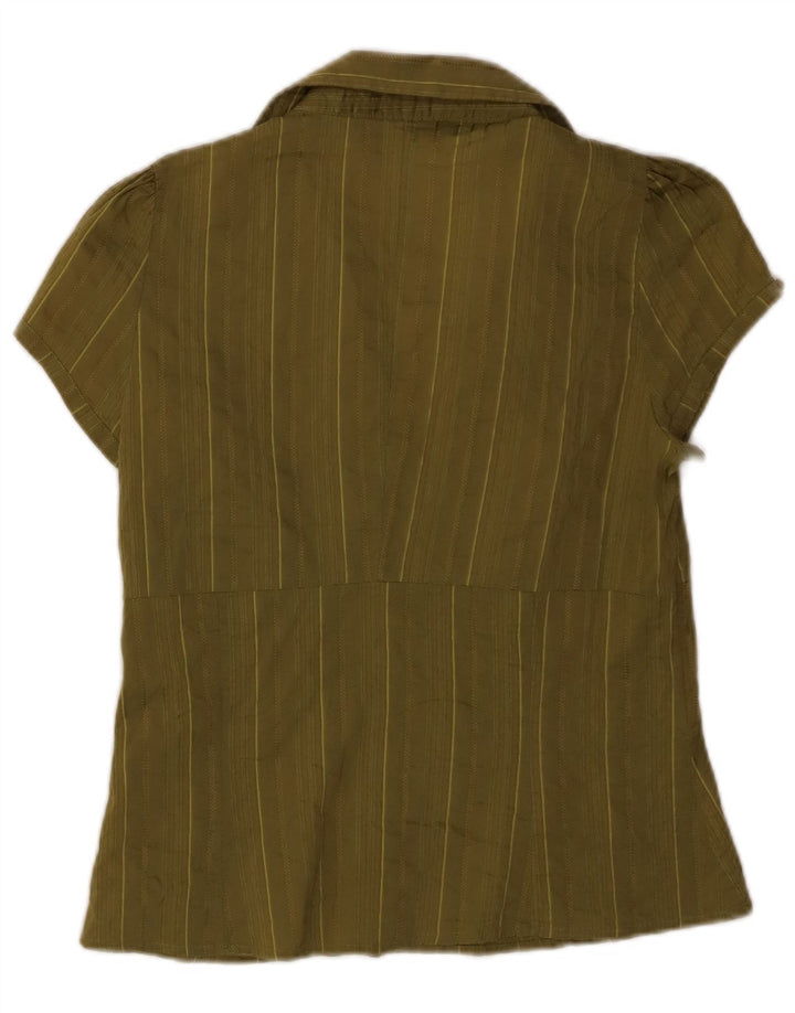 ZARA Womens Short Sleeve Pullover Shirt UK 14 Large Khaki Striped Cotton