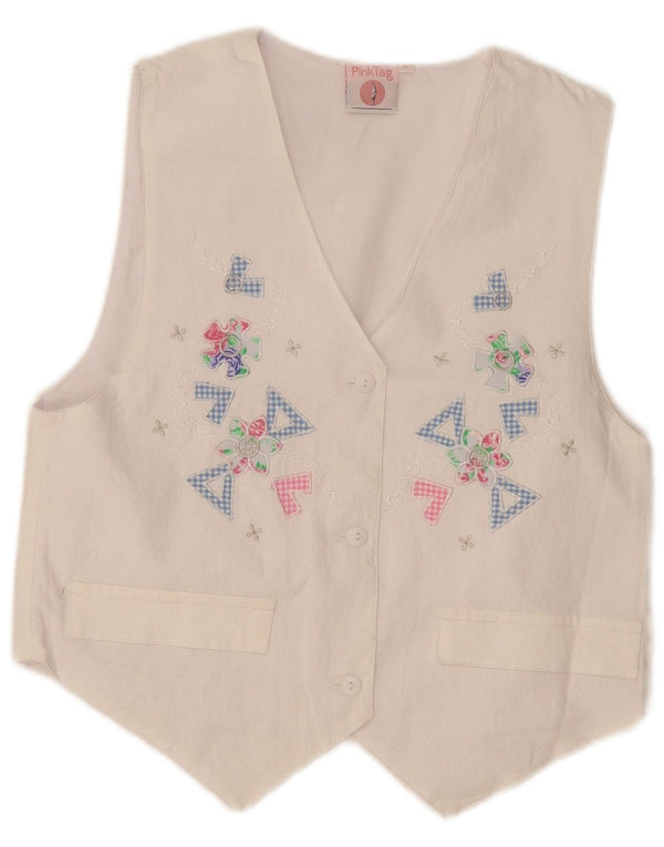Vintage Womens Graphic Waistcoat UK 12 Medium White Floral Cotton