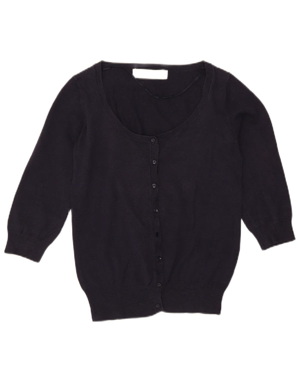 Zara Womens 3/4 Sleeve Cardigan Sweater UK 12 Medium Navy Blue Cotton