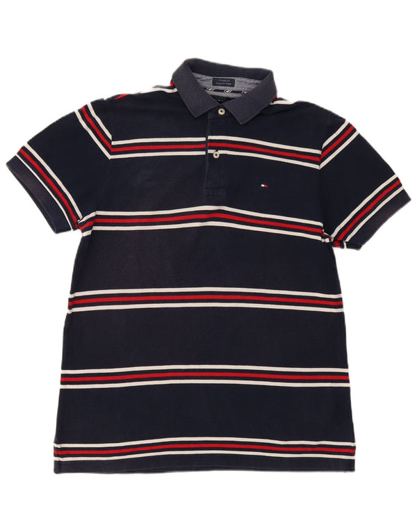Tommy Hilfiger Mens Custom Fit Polo Shirt Medium Navy Blue Striped Cotton