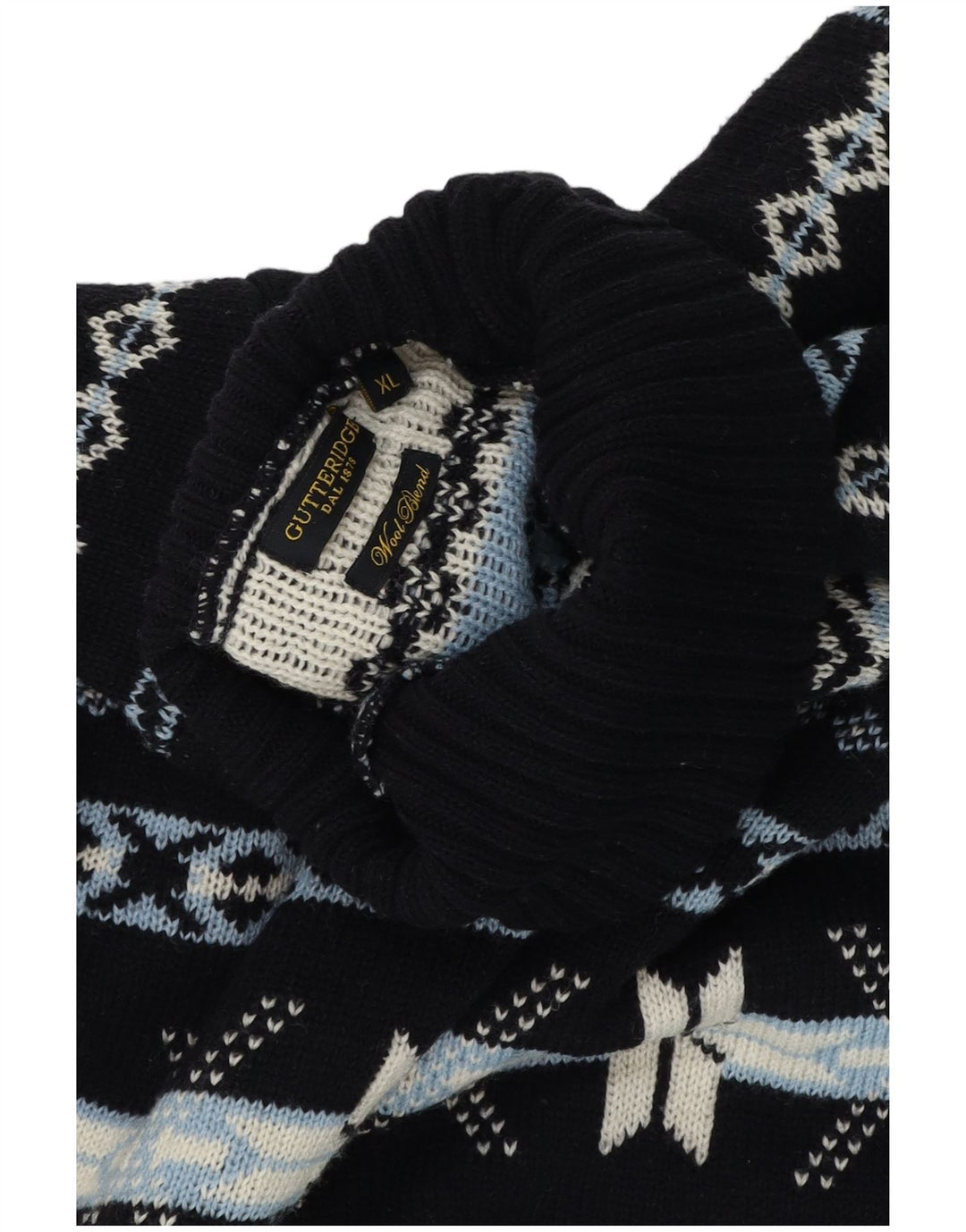 GUTTERIDGE Mens Roll Neck Jumper Sweater XL Navy Blue Fair Isle Wool