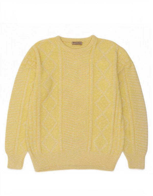 Vintage Mens Crew Neck Jumper Sweater IT 52 Large Yellow Geometric Cotton
