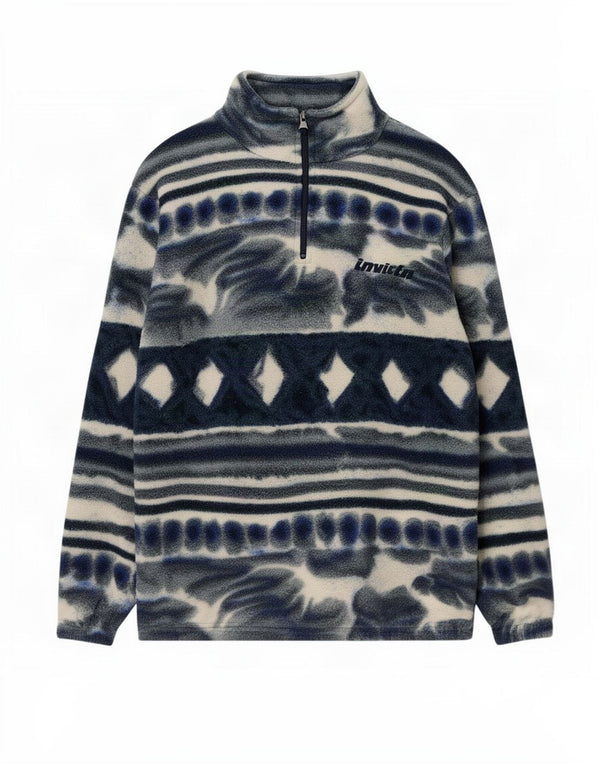Invicta Mens Loose Fit Zip Neck Fleece Jumper Small Navy Blue Geometric