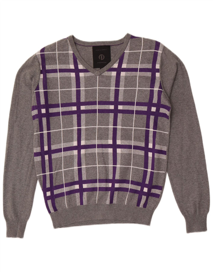 Jack & Jones Mens V-Neck Jumper Sweater Small Grey Check Cotton