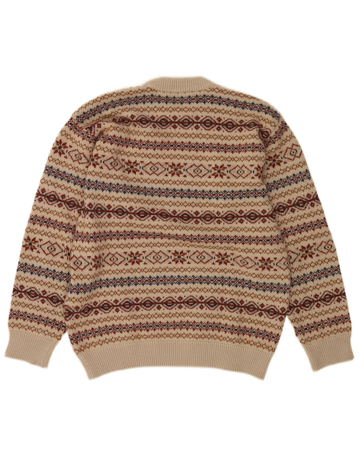 Vintage Mens Crew Neck Jumper Sweater Medium Beige Fair Isle